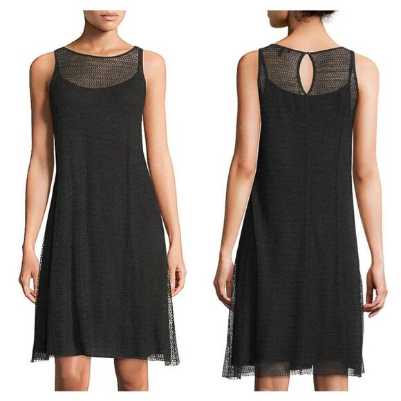 NWT $318 Eileen Fisher Sheer Hemp Herringbone Lace Open Knit Tank Dress Black - Picture 1 of 14